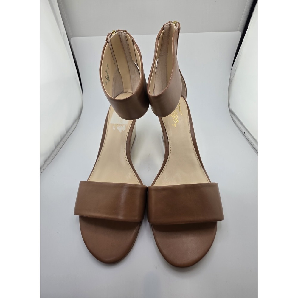 Fergalicious by Fergie Brown Open Toe Heels Sandals Womens US 10 Gold Heel Zip